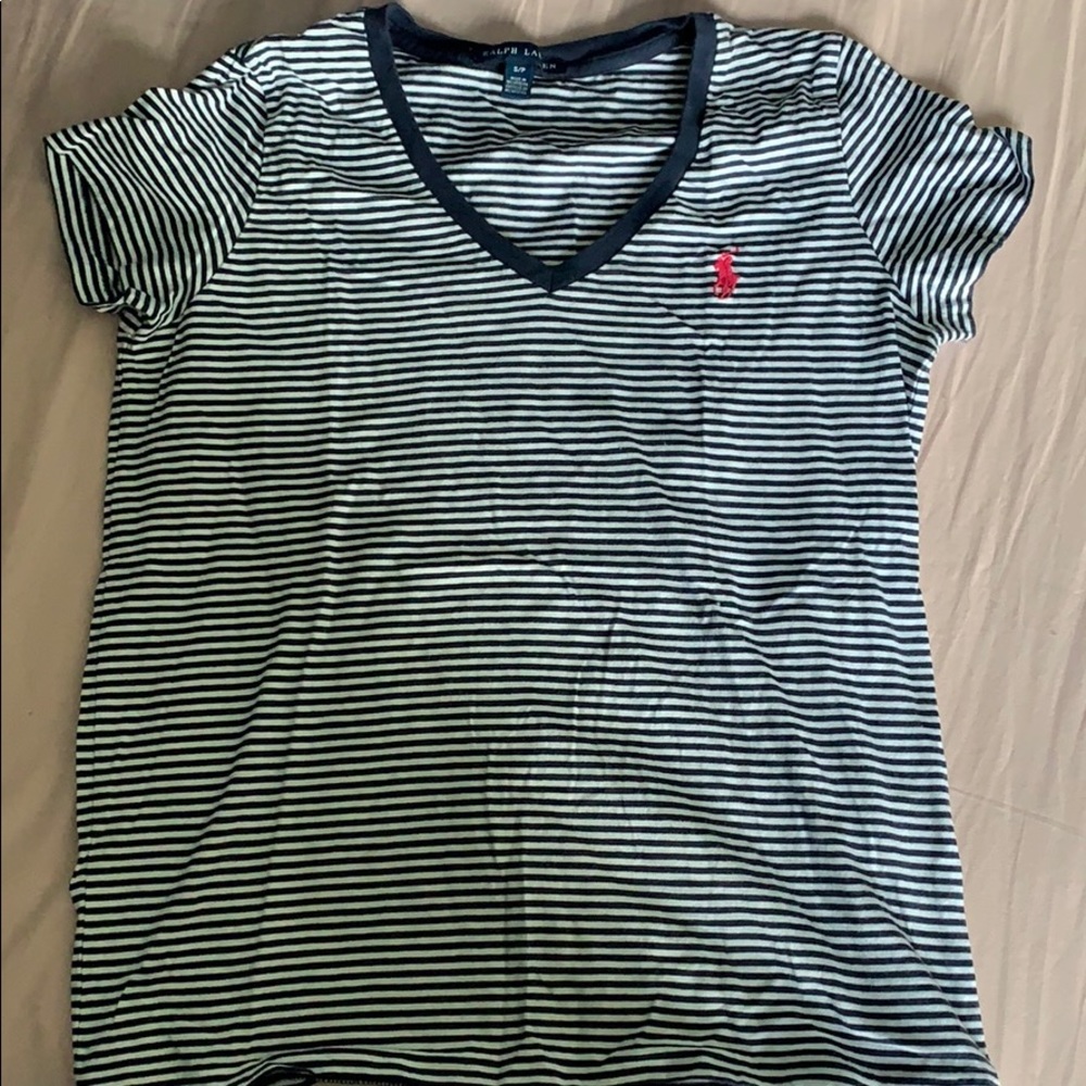 Navy blue and white striped polo shirt